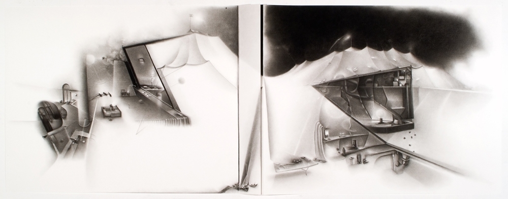 An insufficiency in our screens: we face our separation from an order in the world and yearn for its wisdom to reach us. Charlotte Schulz An Insufficiency in our Screens<br>2005-2006 charcoal on paper