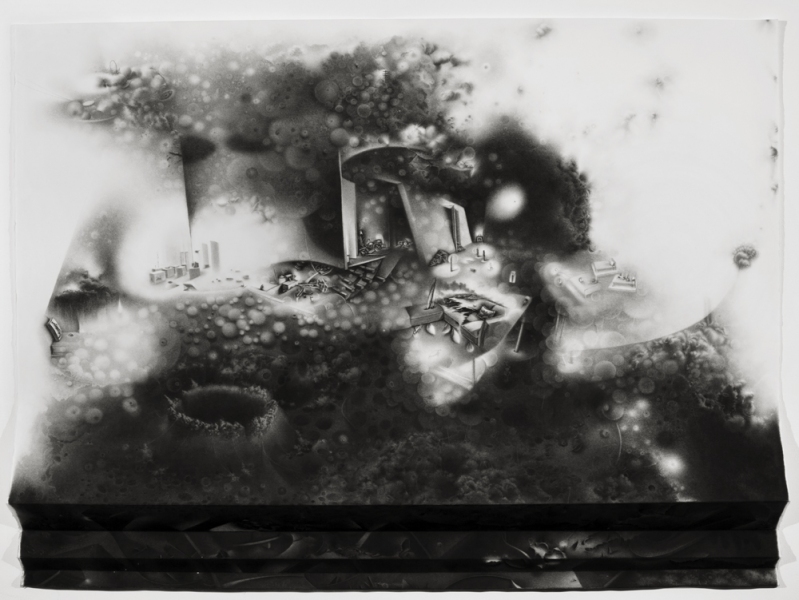 The uneven intensities of duration: the underside of an undigested memory appears at a time when an internal movement from a geological encounter begins to cast aside its boundary stones. Charlotte Schulz The Uneven Intensities of Duration<br/> 2008-2010 charcoal on paper