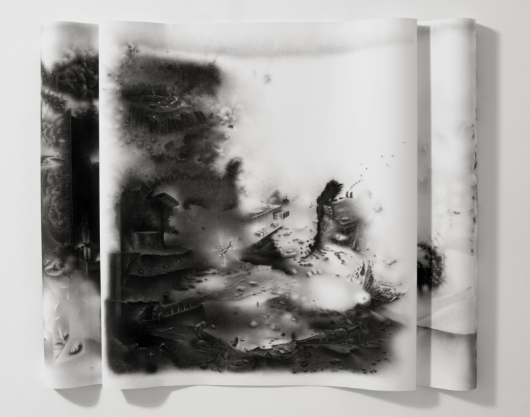 The uneven intensities of duration: suspended in the midst of an encounter with a flood, the unknown past carries itself into a current location and pressures a rescue from geographical forces. Charlotte Schulz The Uneven Intensities of Duration<br/> 2008-2010 charcoal on paper