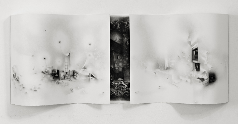 The uneven intensities of duration: a summons for tea and telescopes is put forth when the unhinging of a recent history necessitates the surveillance and archiving of an interior record. Charlotte Schulz The Uneven Intensities of Duration<br/> 2008-2010 charcoal on paper