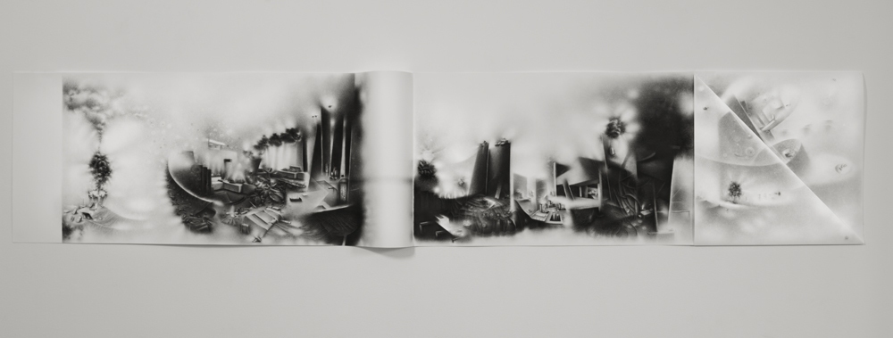 The impossibility of keeping borders: within the occupied territories another meaning slips through an archeological site that excludes the narrative of the other. Charlotte Schulz The Impossibility of Keeping Borders<br/>2011-2012 charcoal on paper