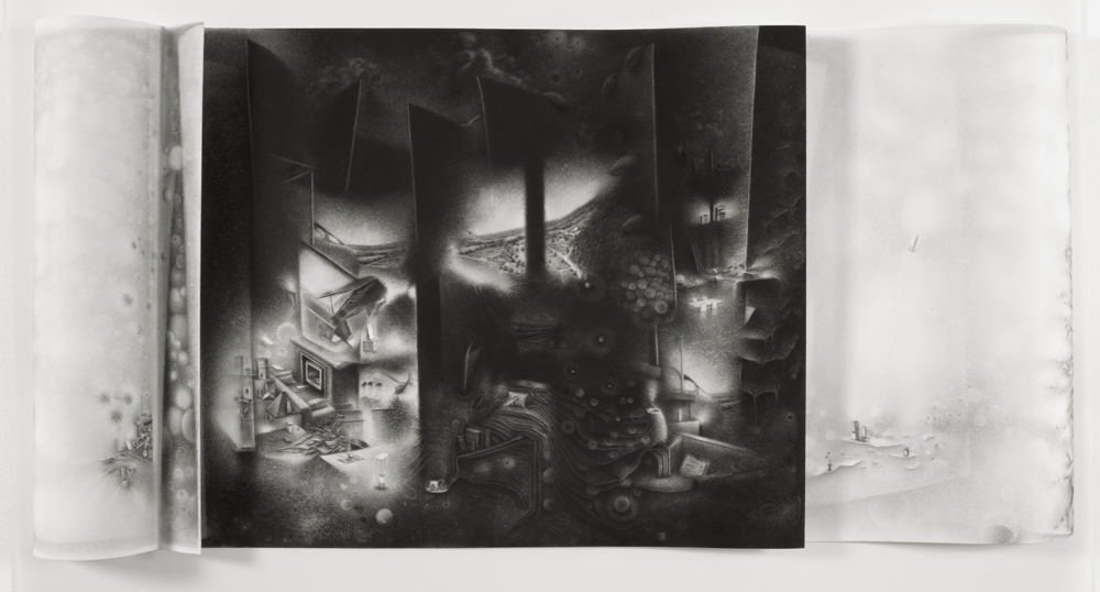 The impossibility of keeping borders: a field of dark matter encroaches upon ordinary life during an interval of unease. Charlotte Schulz The Impossibility of Keeping Borders<br/>2011-2012 charcoal on paper