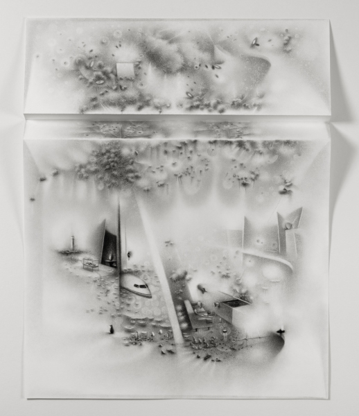 The impossibility of keeping borders: a pressure to align with the virtual ensues when an incident issues forth in time. Charlotte Schulz The Impossibility of Keeping Borders<br/>2011-2012 charcoal on paper