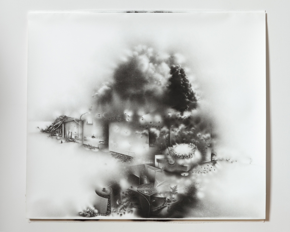 The impossibility of keeping borders: a succession of becoming-times balances on the strata of an unrecoverable event. Charlotte Schulz The Impossibility of Keeping Borders<br/>2011-2012 charcoal on paper