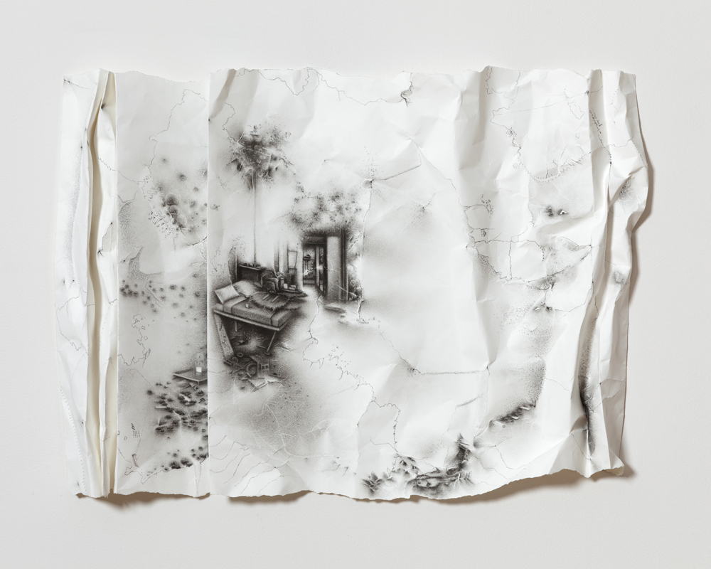 The impossibility of keeping borders: a territory is lifted and mapped onto another site to contradict a previous identity. Charlotte Schulz The Impossibility of Keeping Borders<br/>2011-2012 charcoal on paper