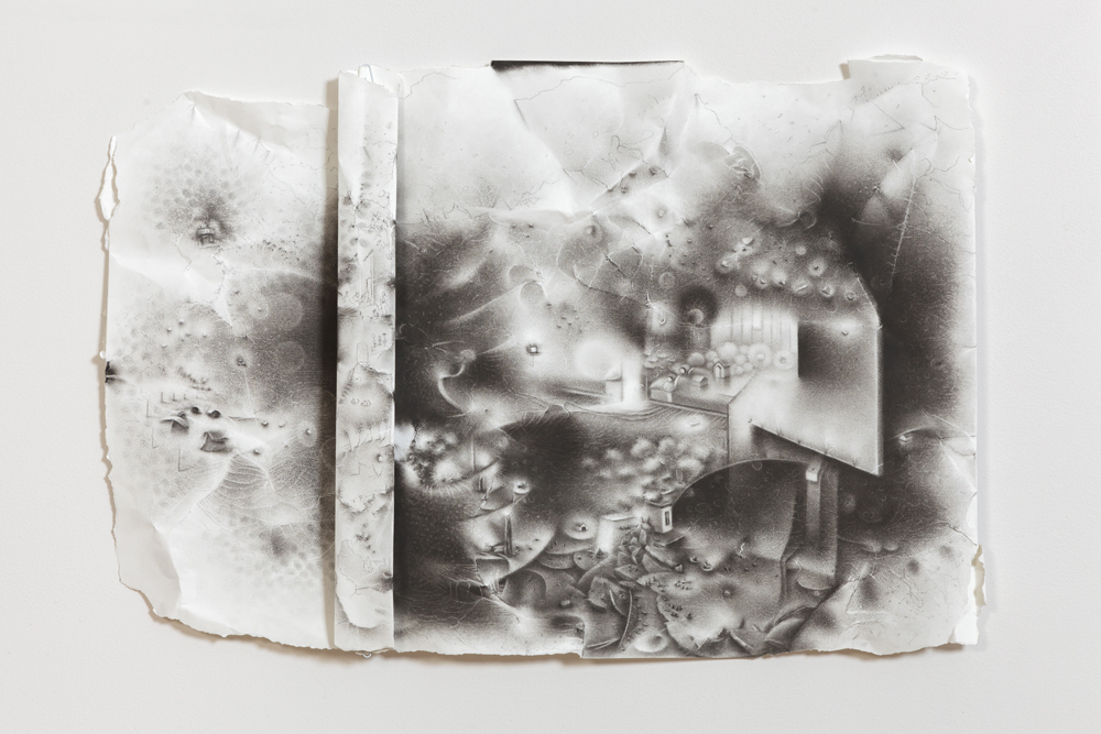 The impossibility of keeping borders: a teeming network of things erupts from within the geological folds of a separation. Charlotte Schulz The Impossibility of Keeping Borders<br/>2011-2012 charcoal on paper