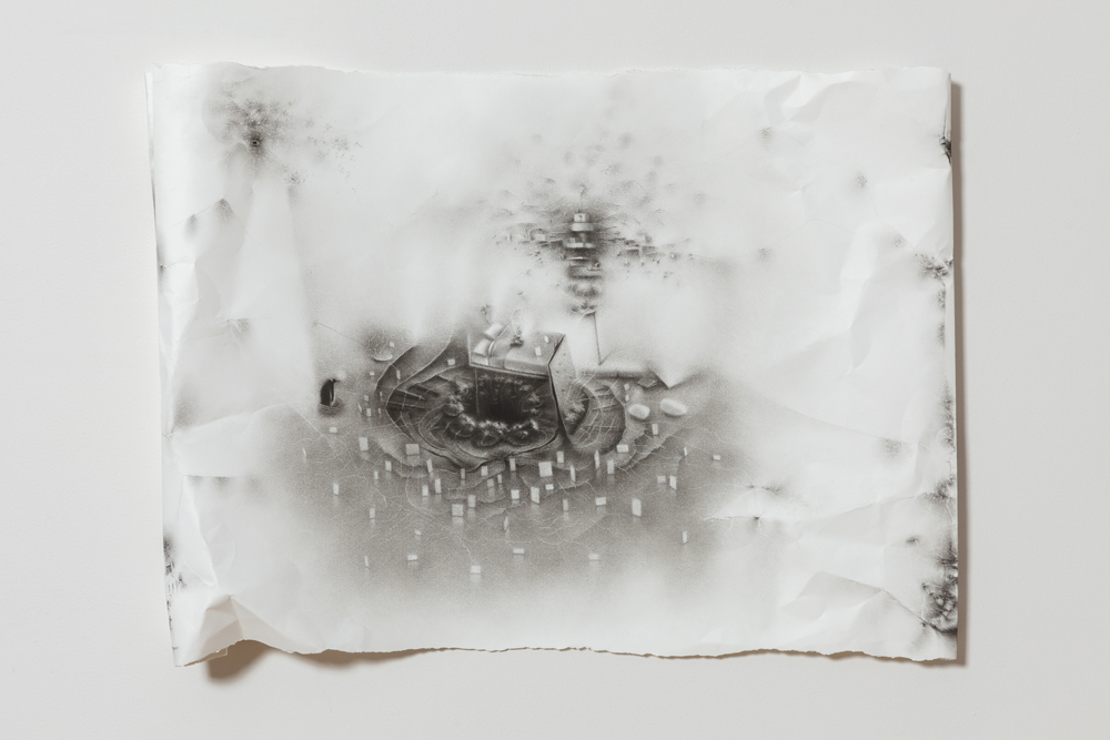 The impossibility of keeping borders: gravity pools beneath a raised bed leaving traces of a felt devotion. Charlotte Schulz The Impossibility of Keeping Borders<br/>2011-2012 charcoal on paper