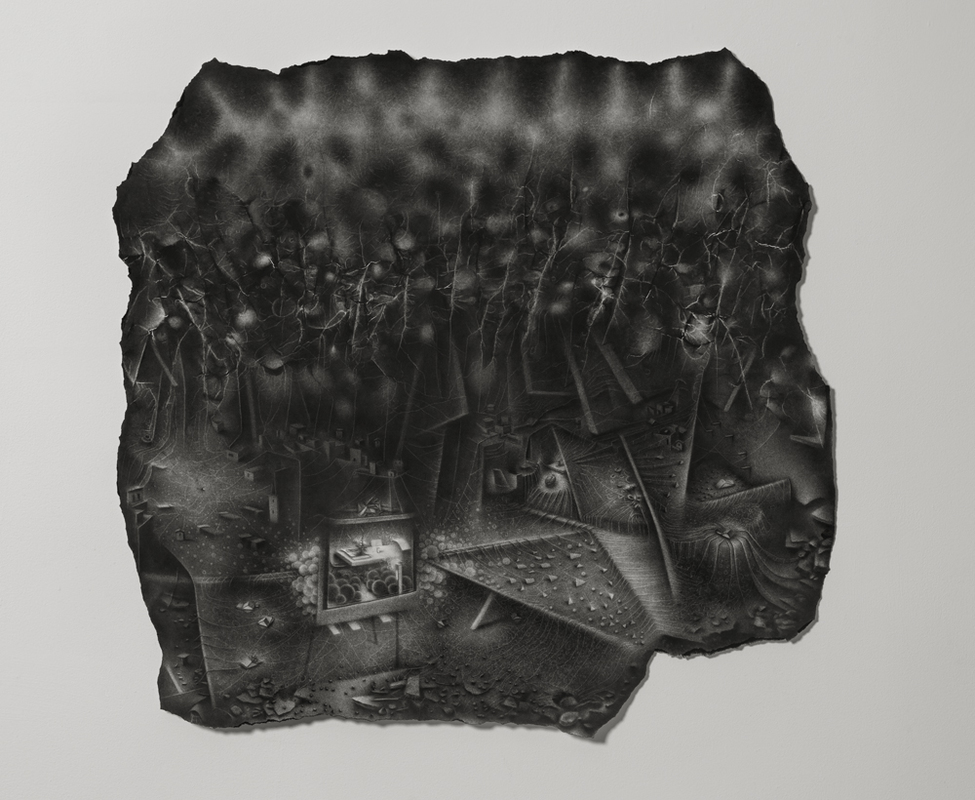 The impossibility of keeping borders: a calamity, tethered to hubris, reaches out into the world. Charlotte Schulz The Impossibility of Keeping Borders<br/>2011-2012 charcoal on paper