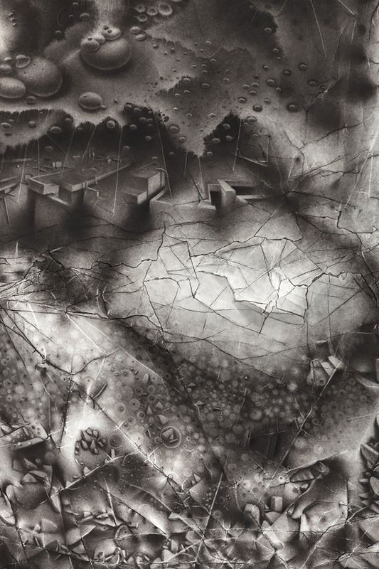 Detail: Incursion of Otherness: a generative void seeds itself upon an overlooked location Charlotte Schulz Incursion of Otherness <br> 2013-2014 charcoal on paper
