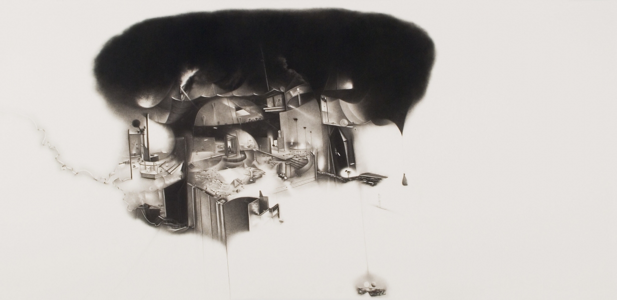 Forgiving of an inexactness: an event dents the fabric of our space, and keeps each of us bound to the surface as we slide down its depression. Charlotte Schulz Forgiving of an Inexactness<br> 2007 charcoal on paper