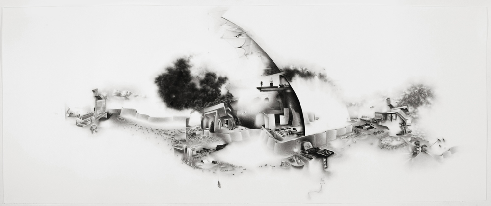 The uneven intensities of duration: the geography of an architect remembers what never happened as each side tells of another before the wind is felt. Charlotte Schulz The Uneven Intensities of Duration<br/> 2008-2010 charcoal on paper