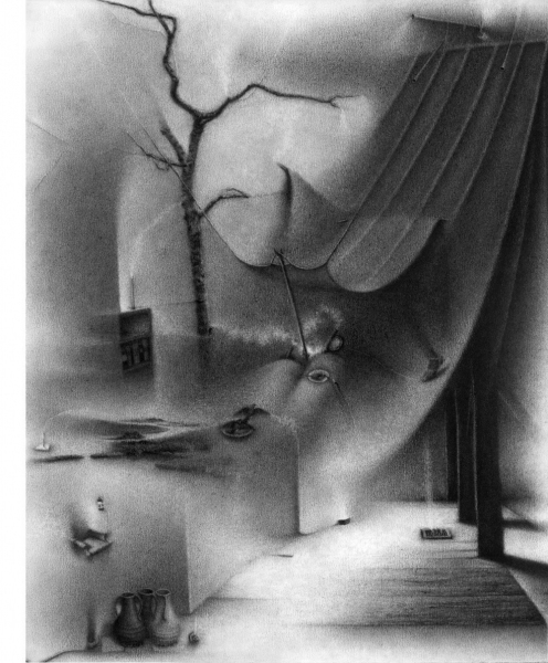 We talk to the trees submerged in our night-suits and begin to speak to each other about the language of love. A past makes itself known (a transmission). Charlotte Schulz Early Drawings<br>1999-2002 charcoal on paper