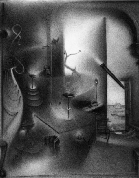 While being watched from within, we hear the steady upward hoping from a book. A message unravels and answers itself by arriving (a progression). Charlotte Schulz Early Drawings<br>1999-2002 charcoal on paper