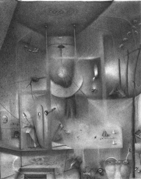 Through the telescope she views the spinner spinning her life as memories of the world are cast upon the wall (a sighting). Charlotte Schulz Early Drawings<br>1999-2002 charcoal on paper