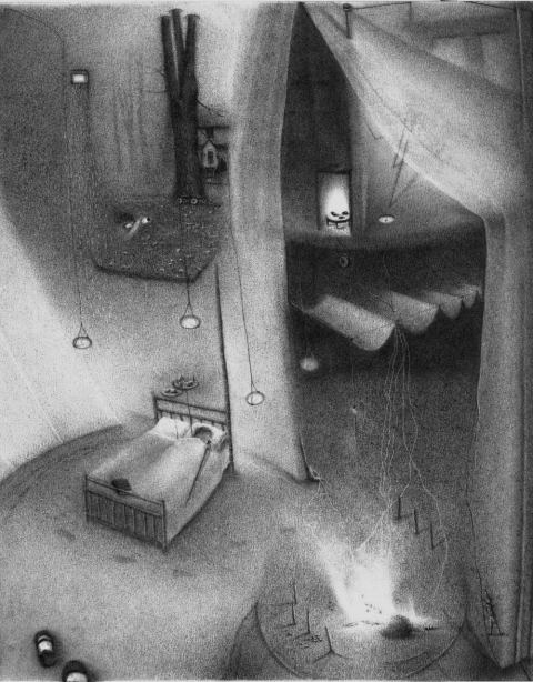 She hears the visitation: the one who tells her what cannot be said while she sleeps and dreams her island thoughts. A veil is lifted as the solid self unravels and is set on fire (a delivery). Charlotte Schulz Early Drawings<br>1999-2002 charcoal on paper