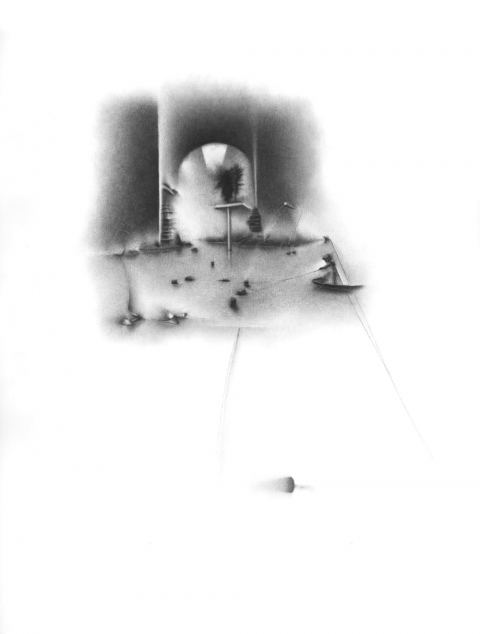 Inside the Monad: setting the pattern in half-light. Charlotte Schulz Inside the Monad<br>2003-2004 charcoal on paper