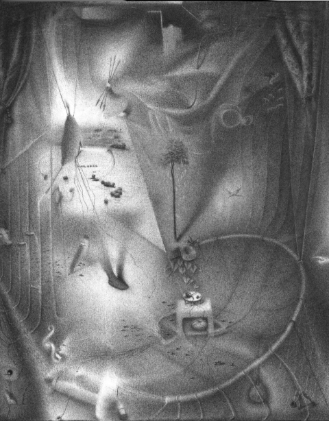 He enters through an unworn passage bringing messages of a veiled love and she opens to a future past. Trumpets sound as cords once cut are now put together (a mending). Charlotte Schulz Early Drawings<br>1999-2002 charcoal on paper