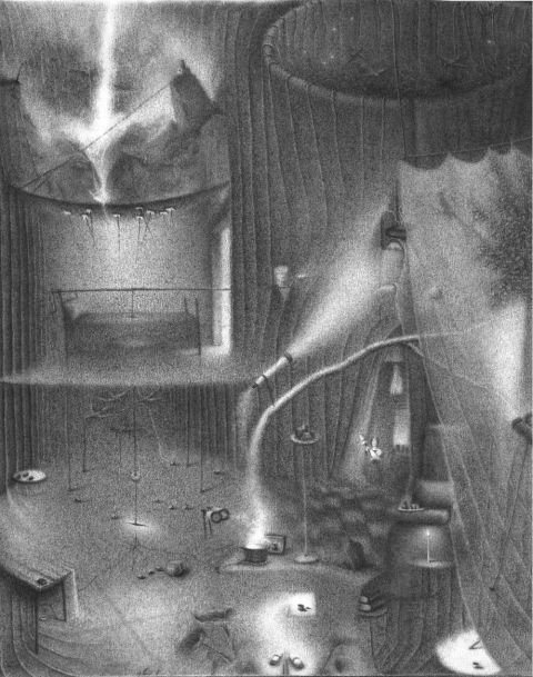 Through the telescope she views the spinner spinning her life as memories of the world are cast upon the wall (a sighting). Charlotte Schulz Early Drawings<br>1999-2002 charcoal on paper
