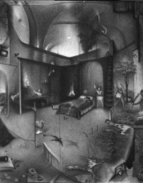 With head shorn, she listens to the sleeper sleeping away the dream and dreaming the lives of acquired wisdom (a hearing). Charlotte Schulz Early Drawings<br>1999-2002 charcoal on paper