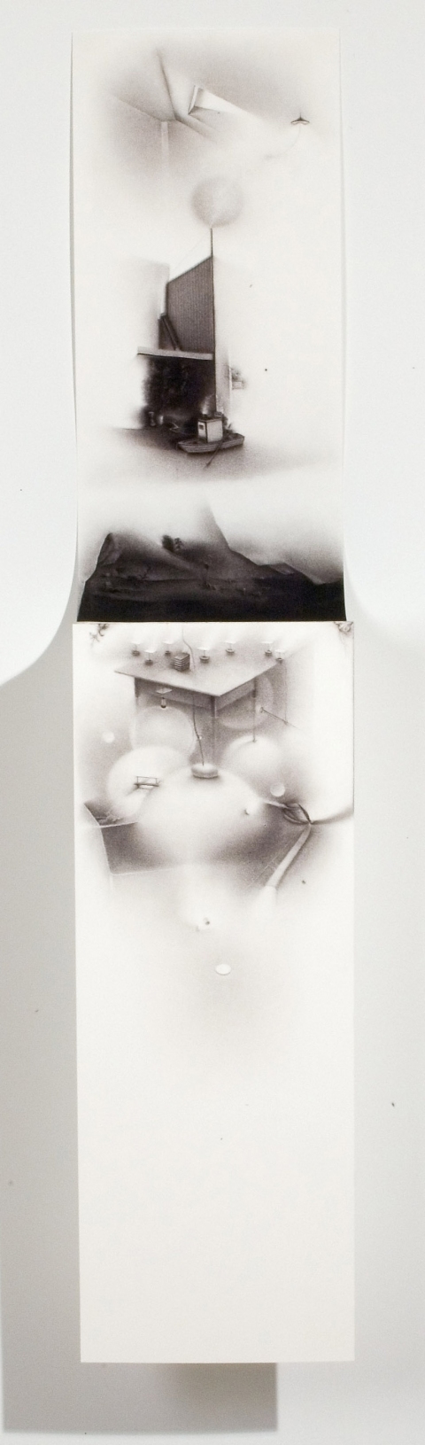 An insufficiency in our screens: reason simmers beneath the surface while new creations are made to find their place in the world. Charlotte Schulz An Insufficiency in our Screens<br>2005-2006 charcoal on paper
