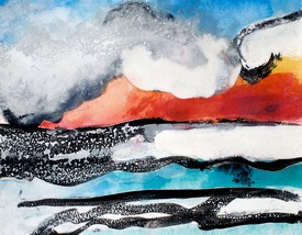 Claire Rosenfeld Ocean and Swimmers Ink, watercolor and encaustic on paper
