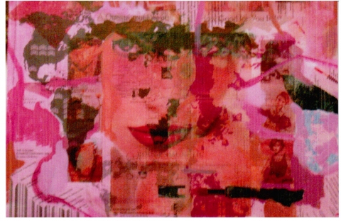 The Beauty Bubble Inferno- Work destroyed in my studio fire acrylic, collage, photo transfers on canvasboard