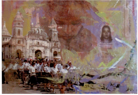 Journey of Shame Inferno- Work destroyed in my studio fire acrylic, collage, newsprint on canvasboard