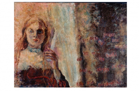 The Evening Sacrifice Social, Cultural, Political acrylic and collaged paper words on canvas