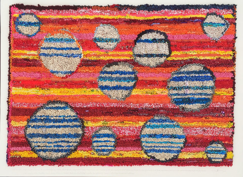 constance old stripes and circles mixed paper, plastic, wool and silk on construction fencing