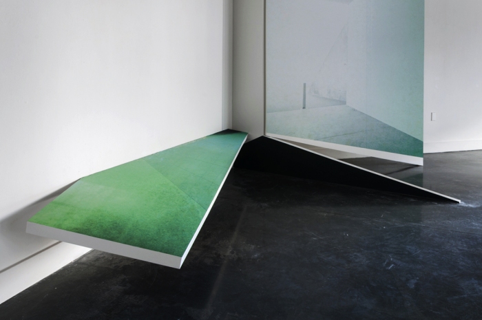Untitled (Shifting Spaces), installation view, 2012 Cybele Lyle Pro Arts 2 x 2 Solos Digital print on vinyl, Sheet rock, Wood, Paint