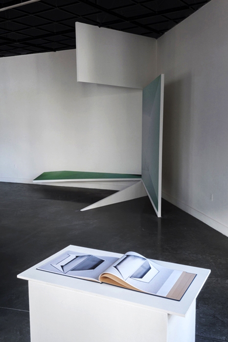 Untitled (Shifting Spaces), installation view, 2012 Cybele Lyle Pro Arts 2 x 2 Solos Digital print on vinyl, Sheet rock, Wood, Paint, Book
