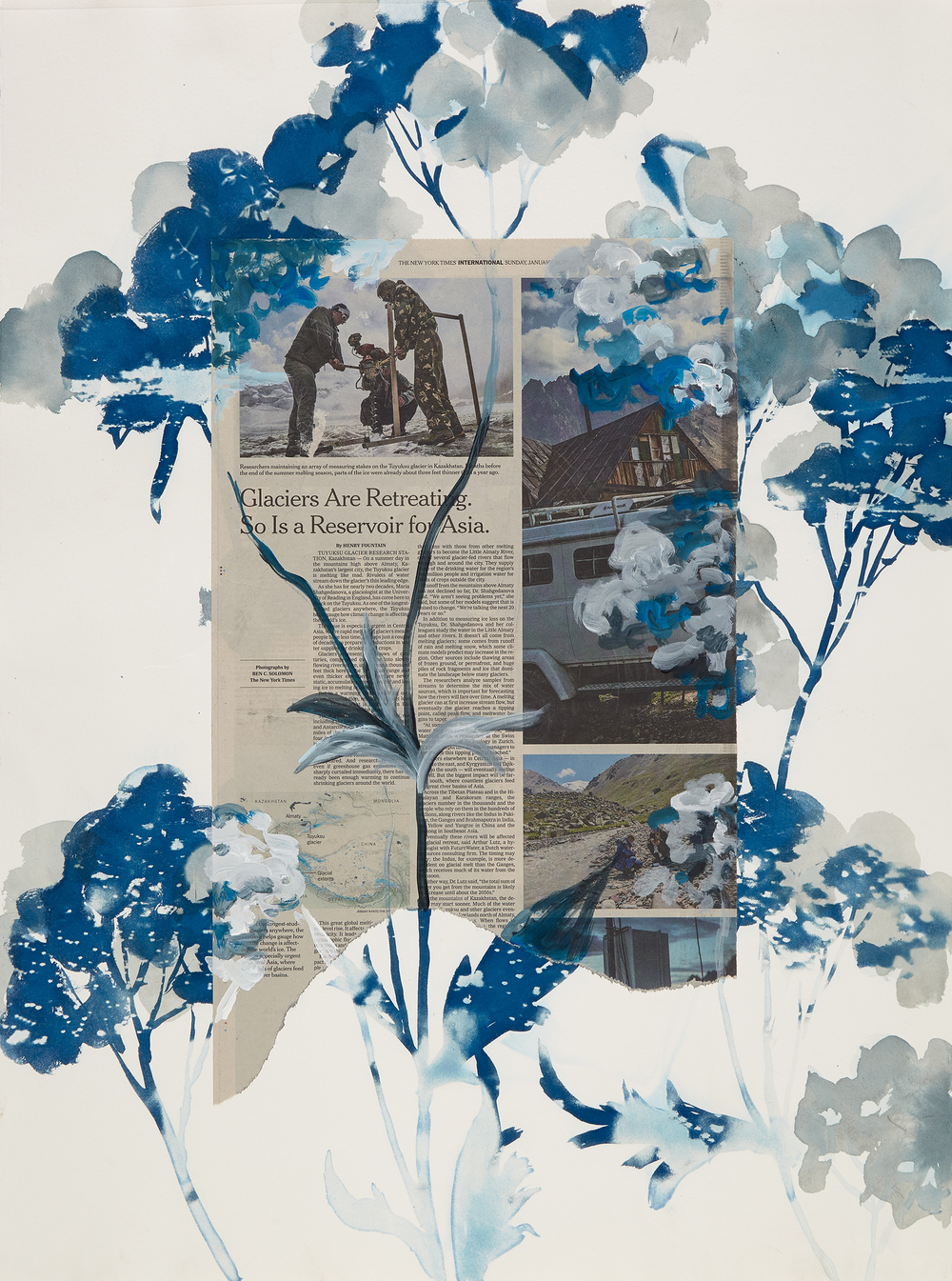 Cynthia MacCollum Ephemera Cyanotype, ink, acrylic, New York Times on BFK