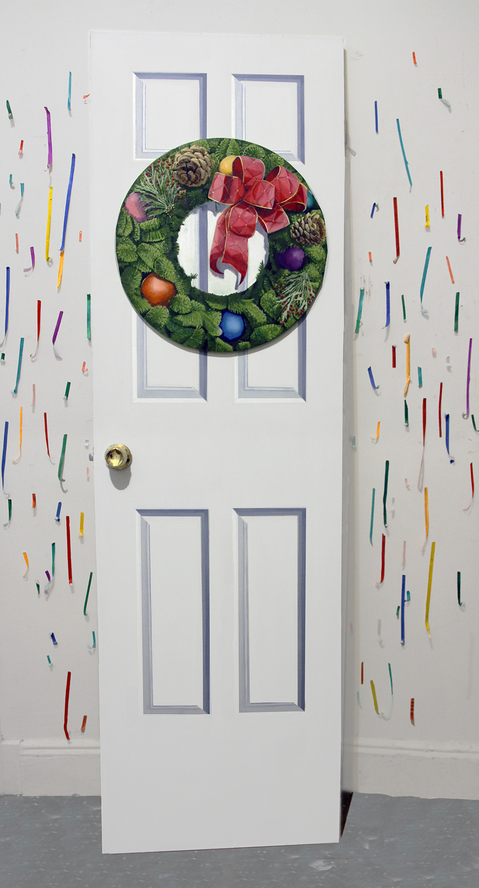 Jingle All The Way David Jacobs Sculptures door: oil on wood, doorknob; wreath: oil on canvas; Confetti: acrylic on tape
