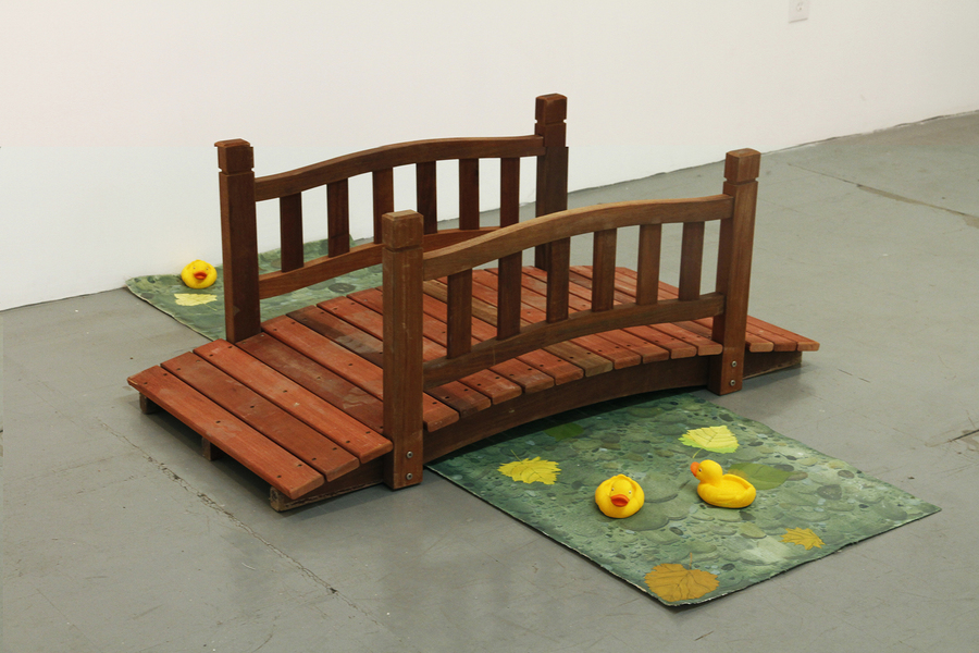 Water Under The Bridge David Jacobs Sculptures wooden bridge, acrylic paint on plaster ducks, acrylic and oil on canvas