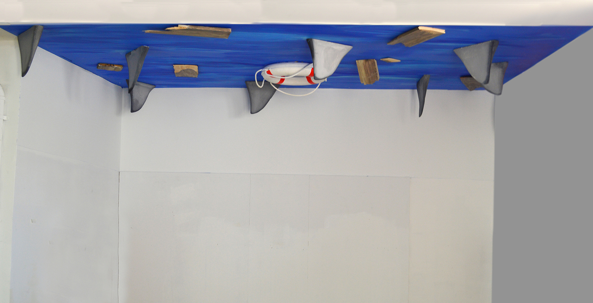 High and Dry David Jacobs Sculptures acrylic on foam, acrylic on wood, acrylic on ceiling, acrylic on life ring