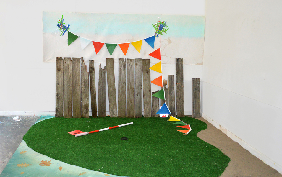 Sub Par David Jacobs Sculptures acrylic on canvas, found wood, acrylic on wood, astro turf, sand, tape, acrylic on found pvc pipe