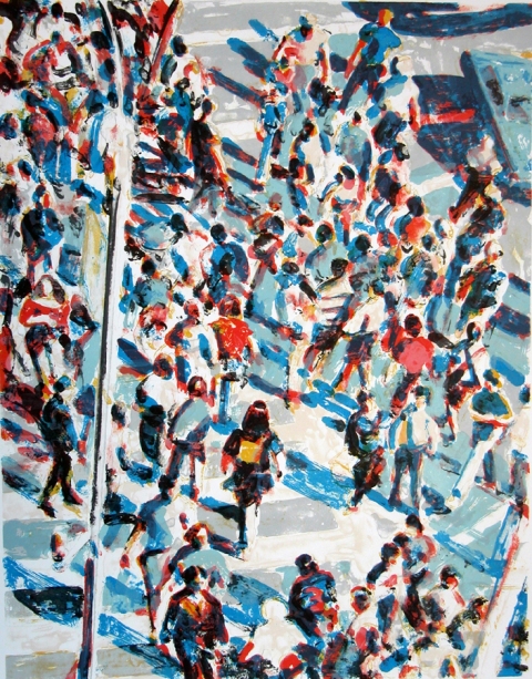 Vertical Crowd Prints 7 Color Lithograph