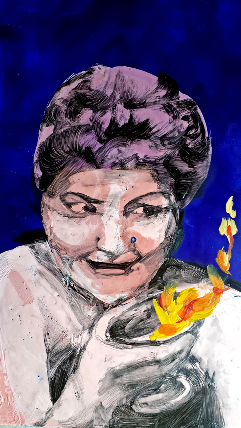 Hot Cocktail Glamour Pussies oil paint on encaustic wax on birch panel