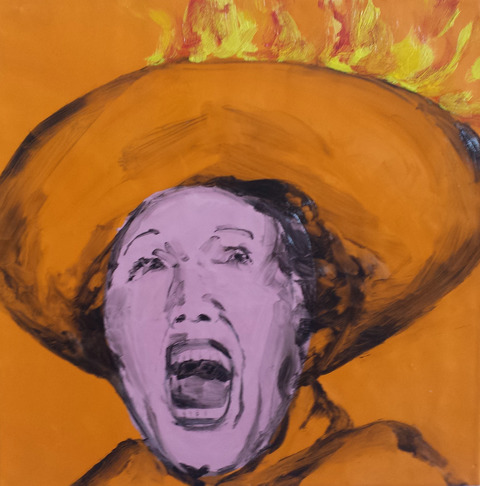 Woman with a Hat on Fire Glamour Pussies oil paint and encaustic wax on birch panel
