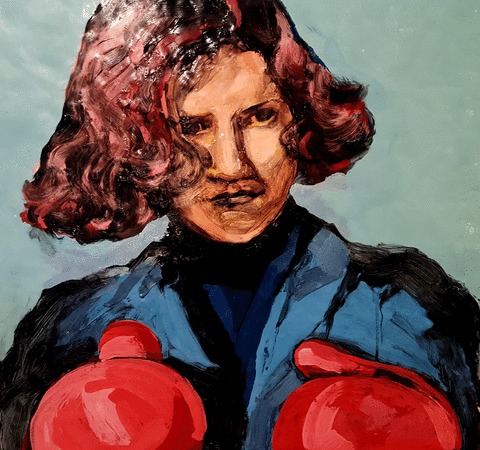 Untitled 1 (The Pugilists) Glamour Pussies oil paint, encaustic and carnauba wax on board