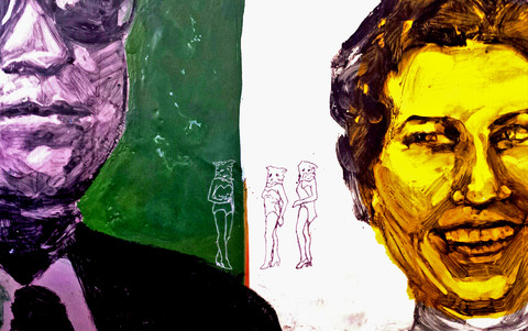 He Said She Said Glamour Pussies oil paint on encaustic wax on birch panel
