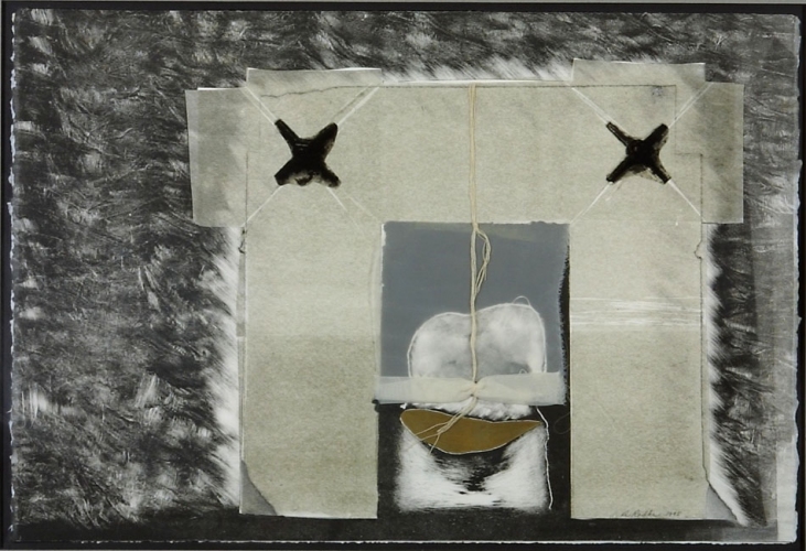 Debra Radke Thresholds Collage Monoprint with Gold leaf, silk and string