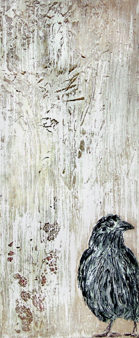 winter crow Birds and Landscapes encaustic & mixed media on panel