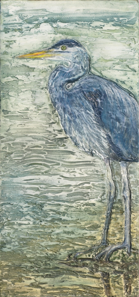 great blue heron Birds and Landscapes encaustic & mixed media on panel