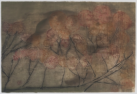 Crouching Nasturtium Creatura Botanica: Human and Plant Forms Conjoined collagraph on ultrachrome photo print on cotton