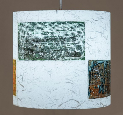 FarmStorm (orange teal) Belfast Bay Shade Company: Handcrafted Lampshades Collagraph hand-printed on archival paper and fused to styrene on steel shade rings