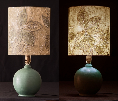 Beech (earth tones) Table & Floor Lamps Botanical collagraph hand-printed on archival paper and fused to styrene on steel shade rings