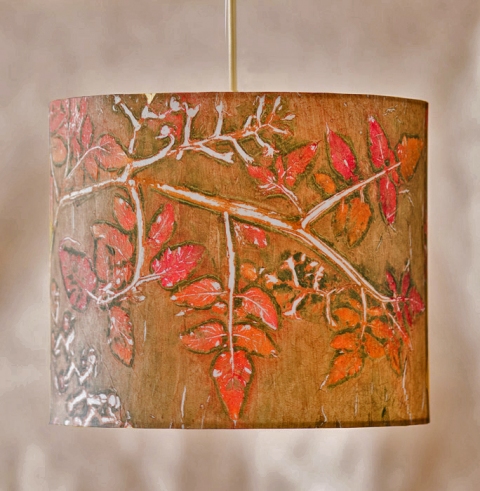 Cherry Tomato (hot pink mustard) Belfast Bay Shade Company: Handcrafted Lampshades Botanical collagraph hand-printed on archival paper and fused to styrene on steel shade rings