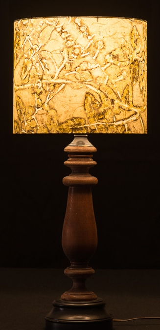 Cherry Tomato (earth tones) Table & Floor Lamps Botanical collagraph hand-printed on archival paper and fused to styrene on steel shade rings