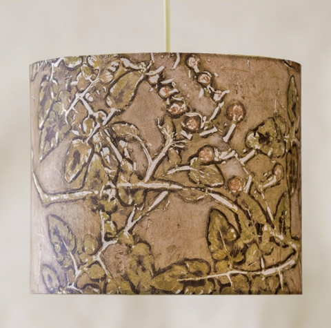 Cherry Tomato (earth tones) Belfast Bay Shade Company: Handcrafted Lampshades Botanical collagraph hand-printed on archival paper and fused to styrene on steel shade rings